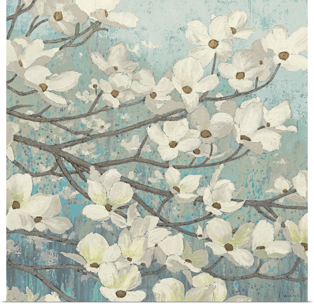 Square painting of a group of small white flowers on thin branches on a light, textured background.