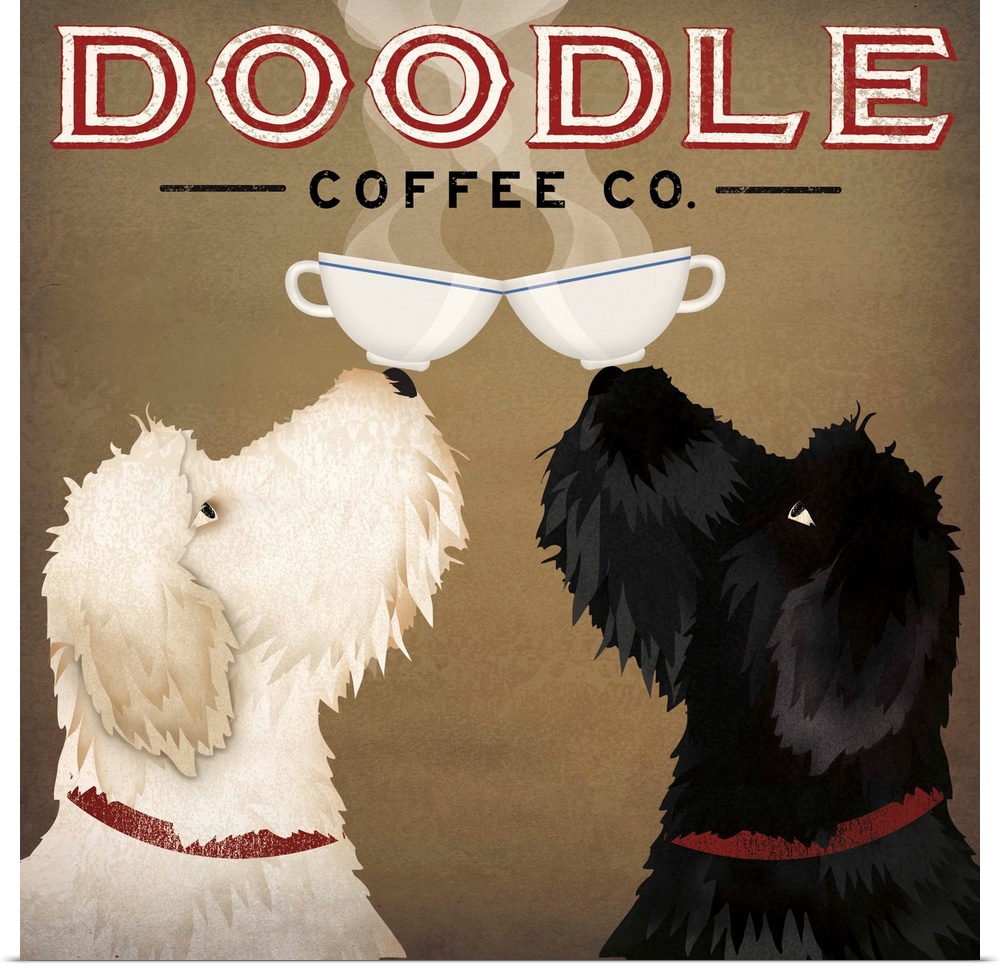 Artwork of black and white goldendoodle dogs balancing cups of coffee on their noses.