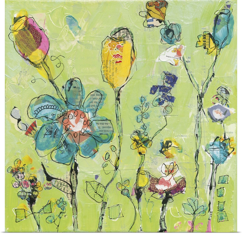 Blue and yellow abstract wildflowers on a light green background made with mixed media.