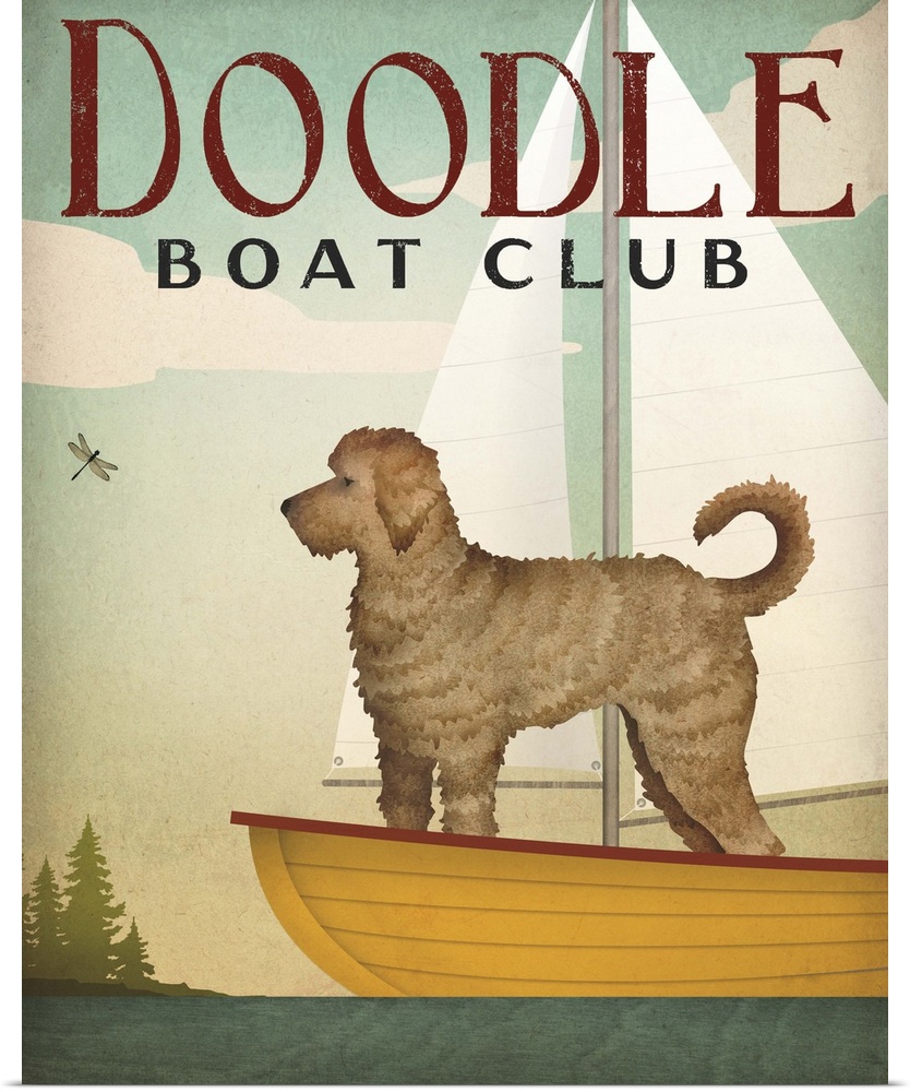 Contemporary artwork of a golden doodle on a sailboat.