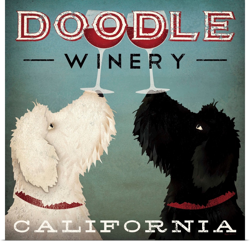 Artwork of Labradoodles balancing glasses of red wine on their noses in unison like a couple of book ends.