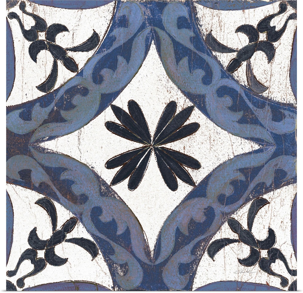 Square abstract painting of a symmetric indigo and white tile-like design.