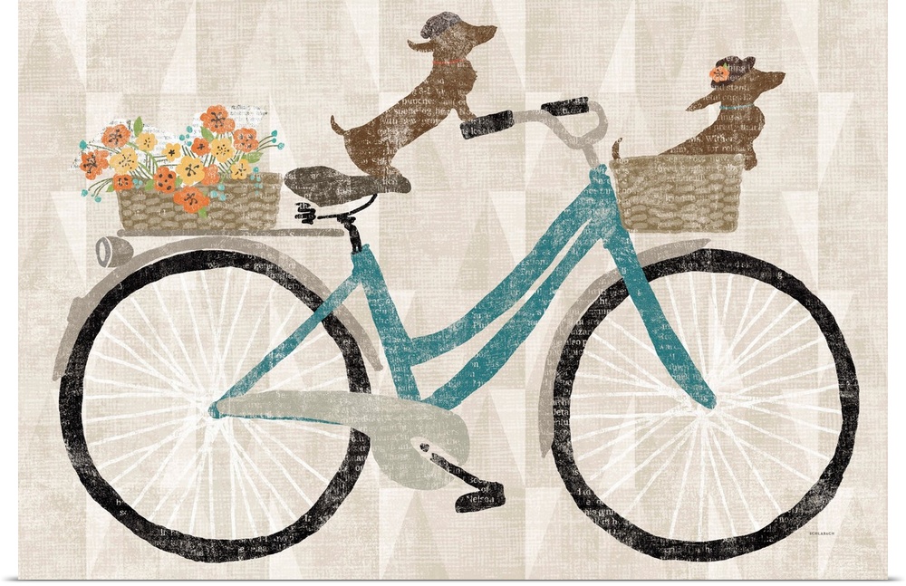 Cute artwork of two dachshunds riding a bicycle.