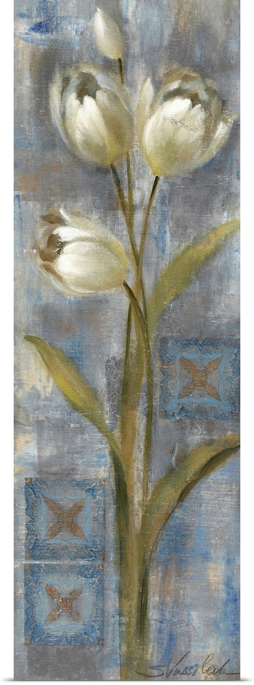 Docor perfect for the home of tall white tulips that are painted against a cool background.