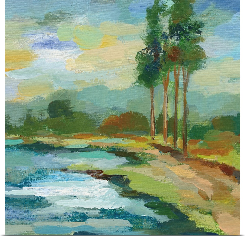 Square abstract painting of a landscape with a pond and tall trees, created with short, horizontal brushstrokes.