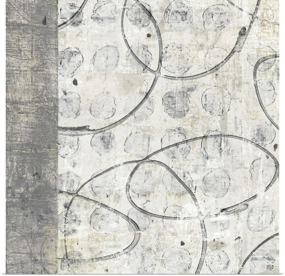 Big, square home art docor in muted, earth tones of a rock textured background with small circular shapes in repeating row...