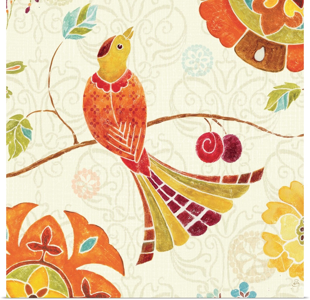 Contemporary artwork of a brightly colored bird, surrounded by colorful floral patterns.