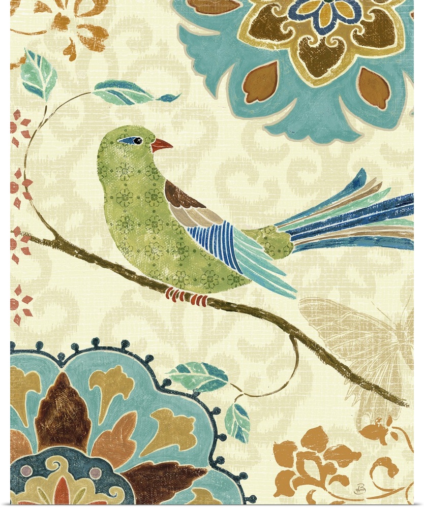 A bird is pictured resting on a branch surrounded by intricate flower designs in cool and neutral tones.