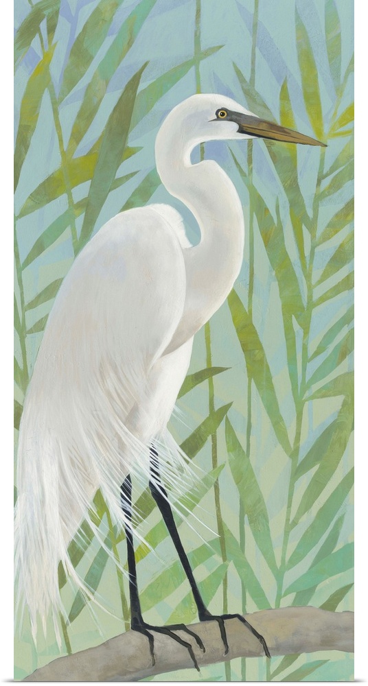 Contemporary painting of an Egret in the marshy reeds.