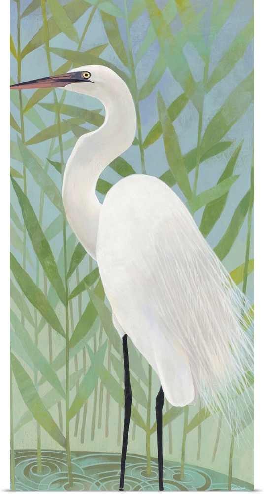 Contemporary painting of an Egret in the marshy reeds.