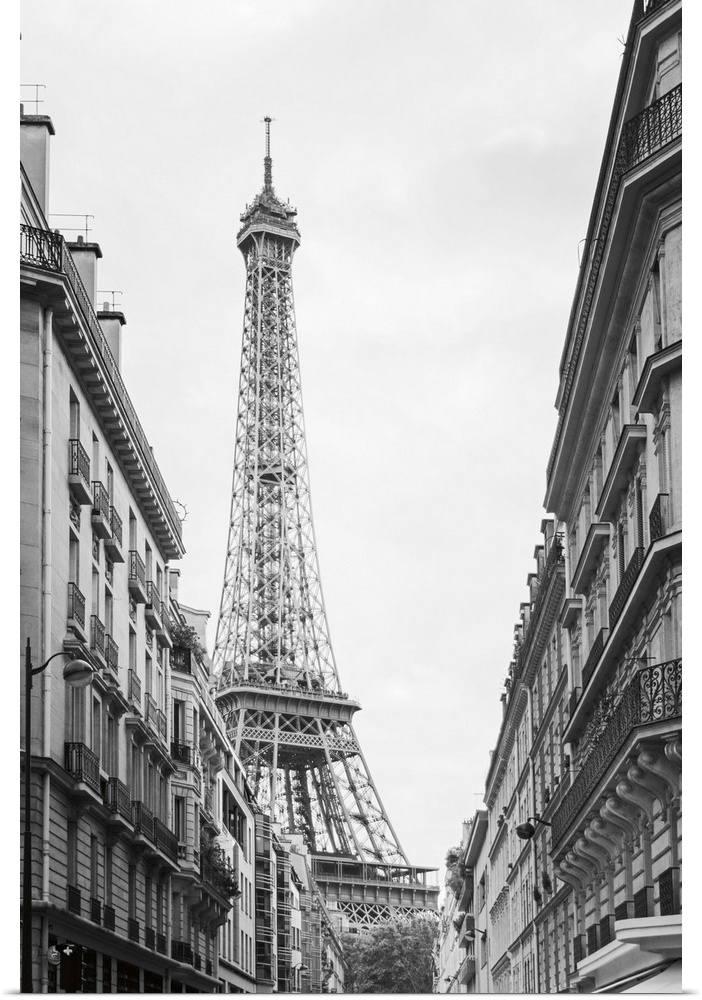 Black and white photograph of the Eiffel tower seen from street level in Paris.