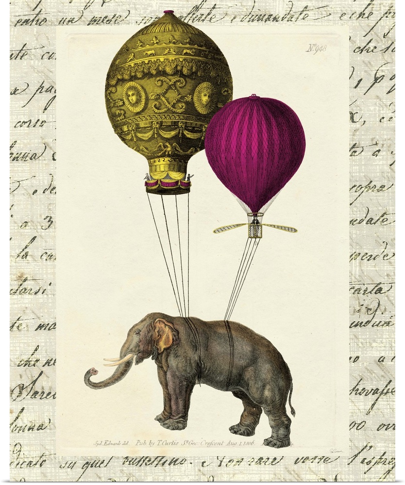 Fun and whimsical, this elephant with vibrant colored balloons tied to its back makes fun and stylish wall art.