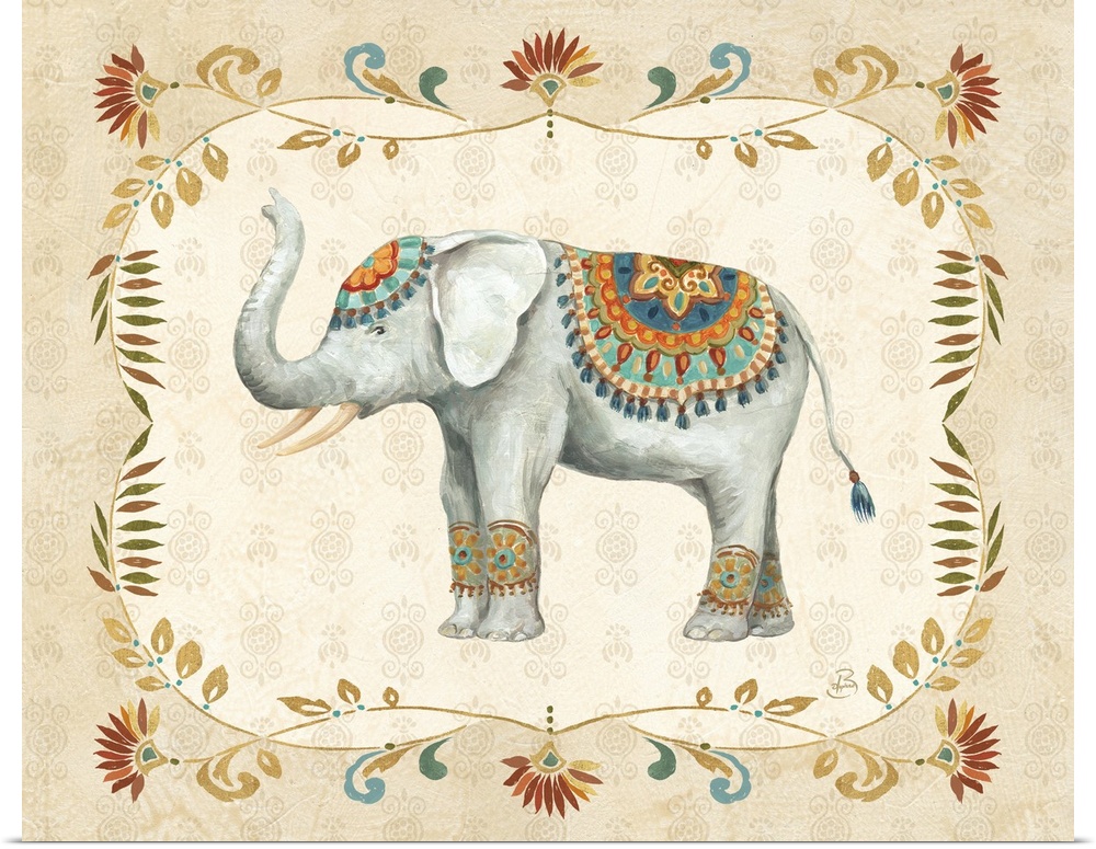 Boho style painting of an elephant  with a floral design on a neutral colored background.