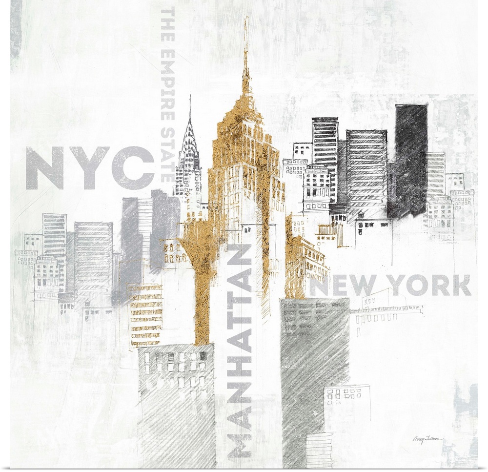 Sketches of the Empire State Building and the New York skyline in metallic colors.