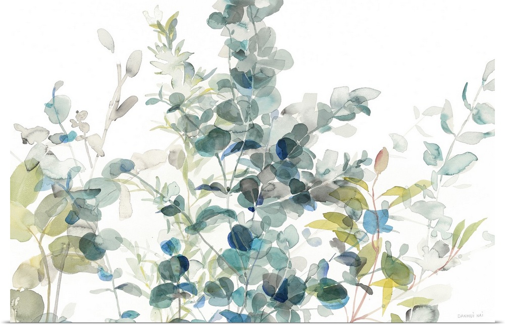 Large watercolor painting of eucalyptus leaves in shades of blue, gray, and green on a white background.