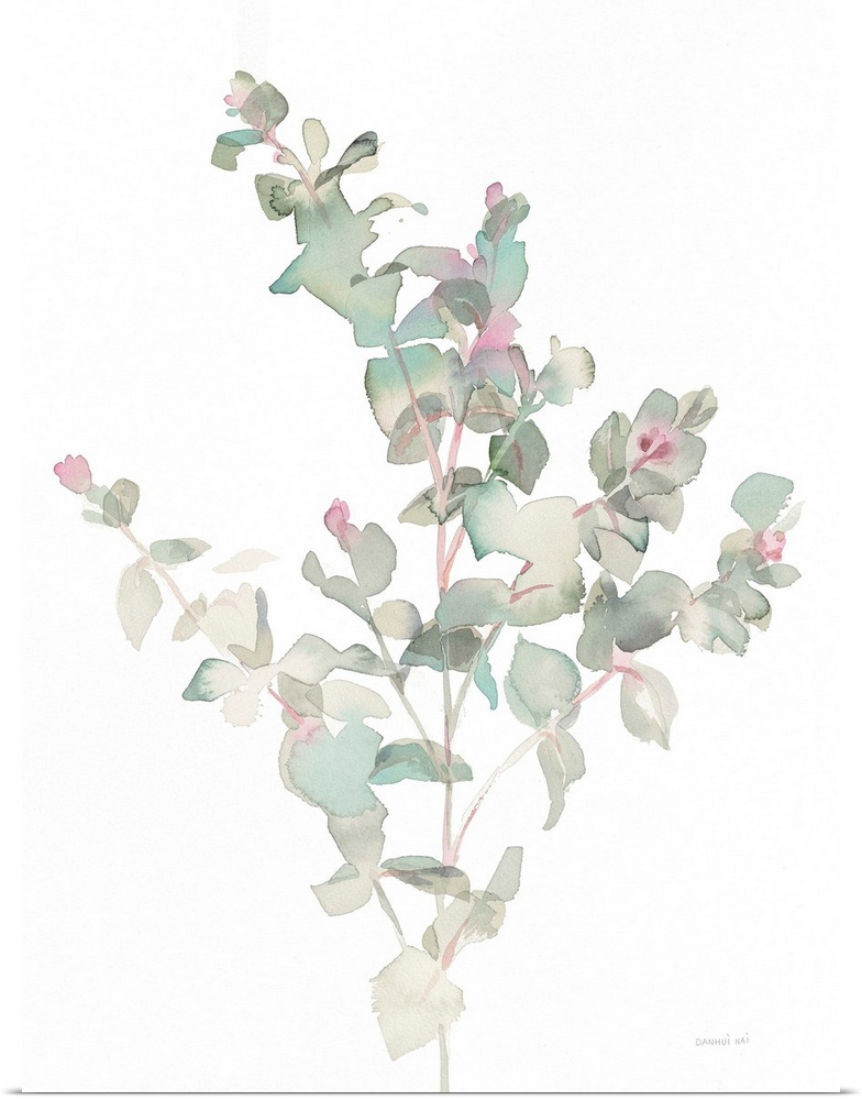 Vertical watercolor painting of green, gray, and pink toned eucalyptus leaves on a white background.