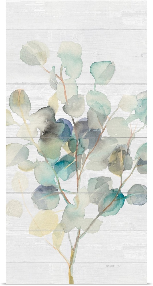 Decorative artwork of watercolor eucalyptus leaves over a shiplap.