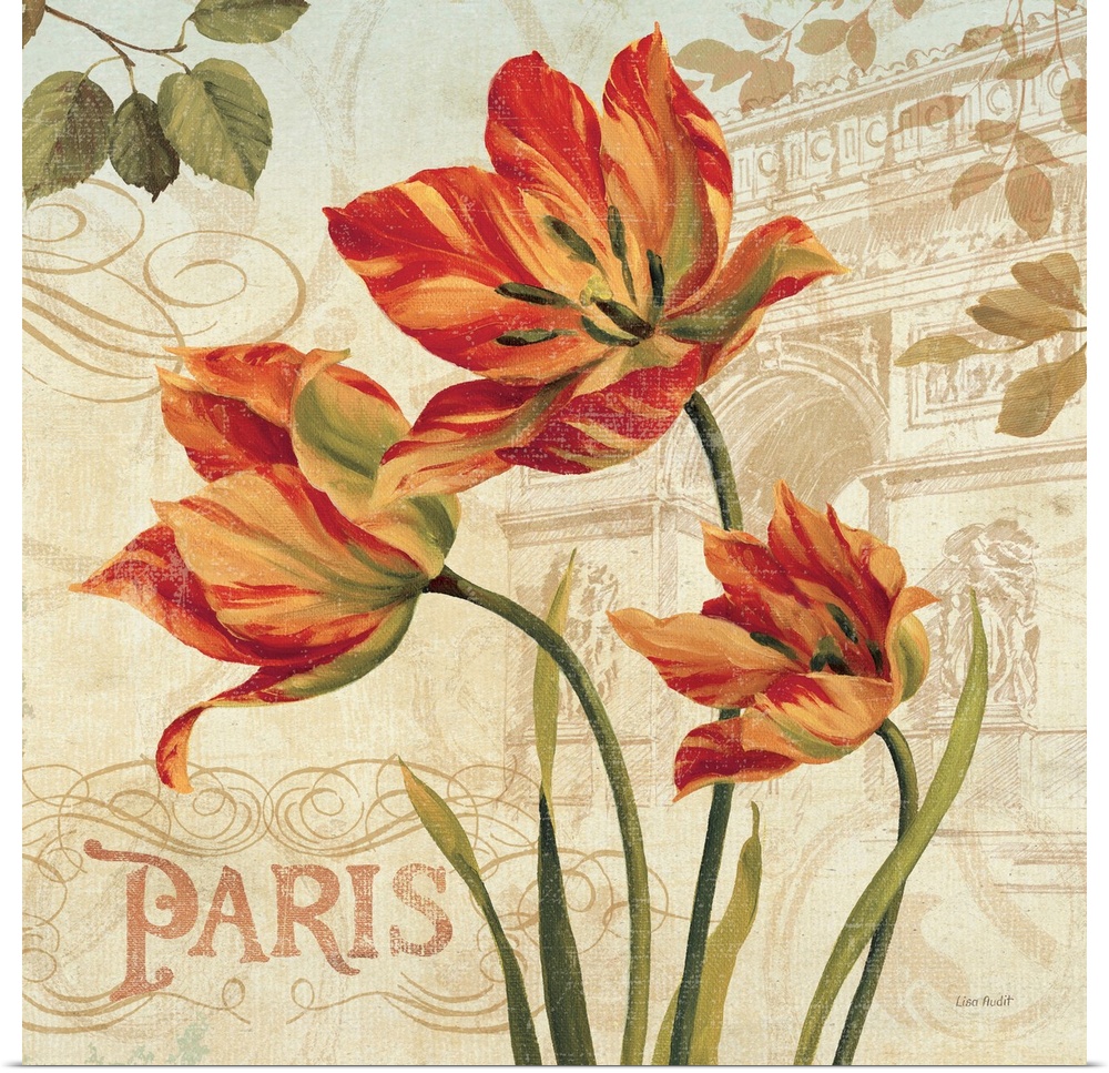 Contemporary painting of flowers with a background of the Arc de Triomphe.