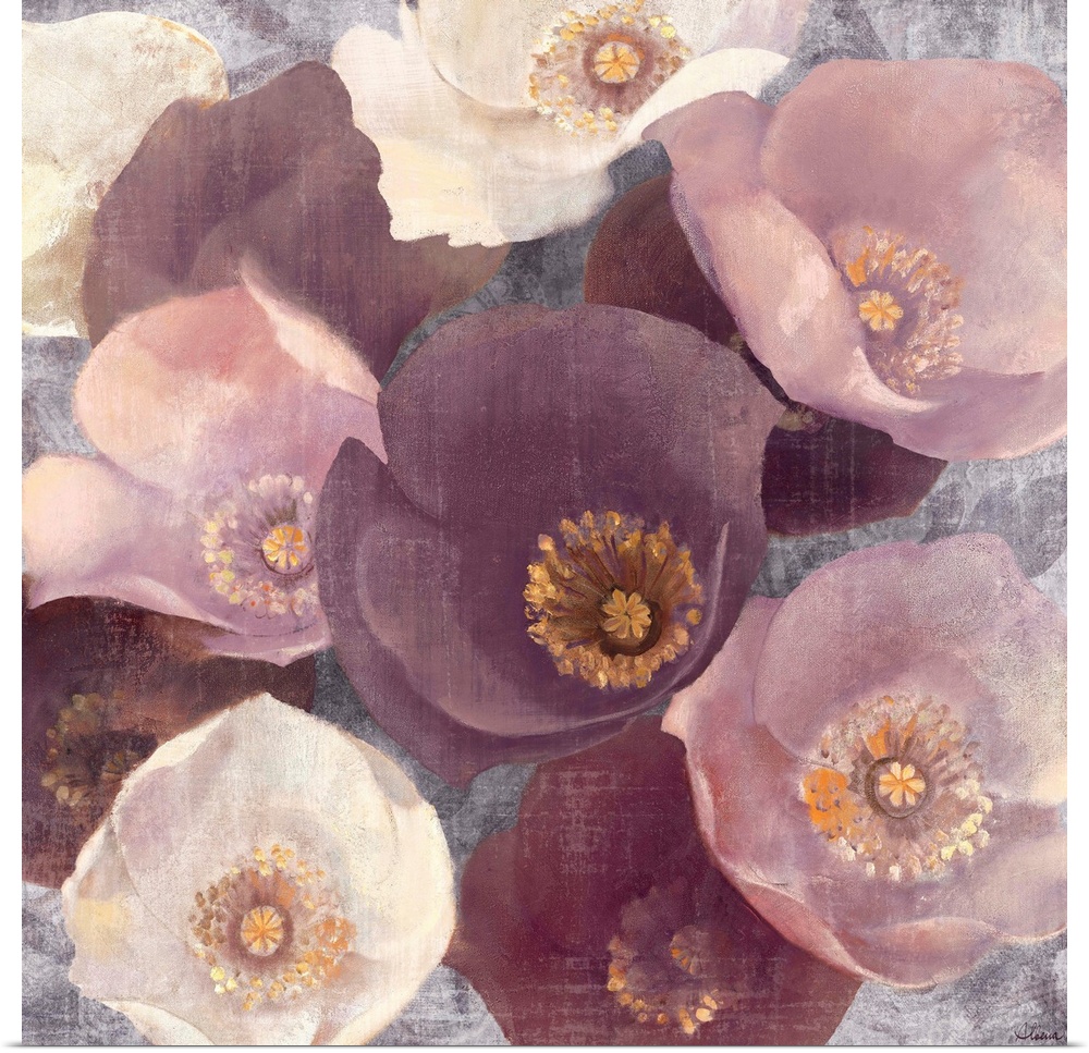 Giant square floral artwork of a bunch of similar flowers in various colors, on a rough textured background.