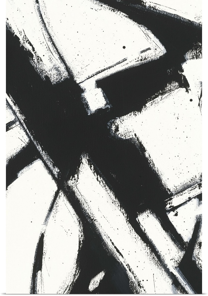 Contemporary abstract painting using bold black lines against an of white background.