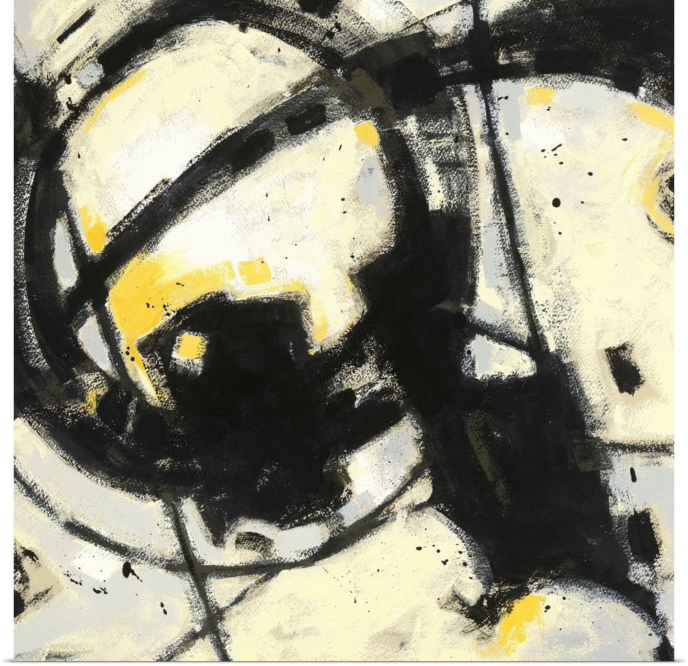 Contemporary abstract painting using bold black lines and splashes of bright yellow.