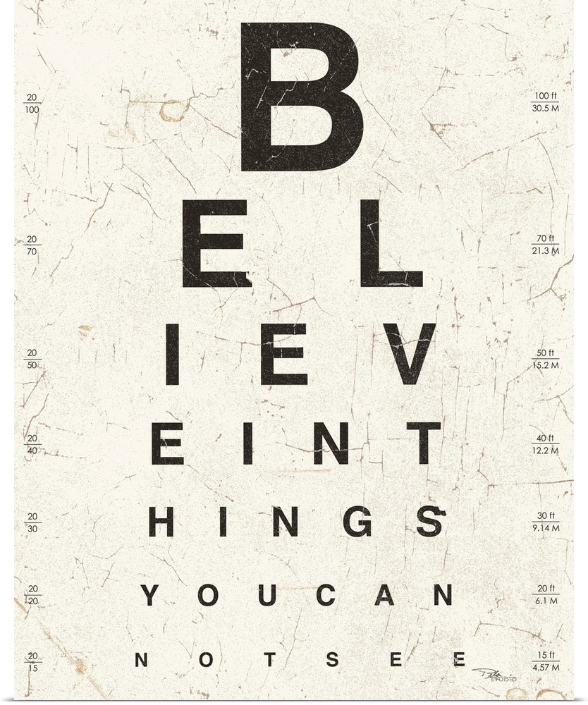 Contemporary artwork of an eye exam chart spelling out an inspirational quote.