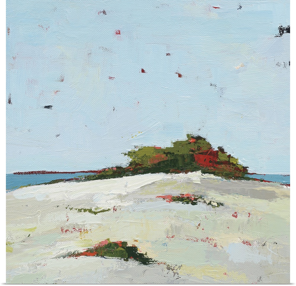 Square abstract painting of a sand dune with green, red, and pink grass on top and the ocean in the background in Fall.