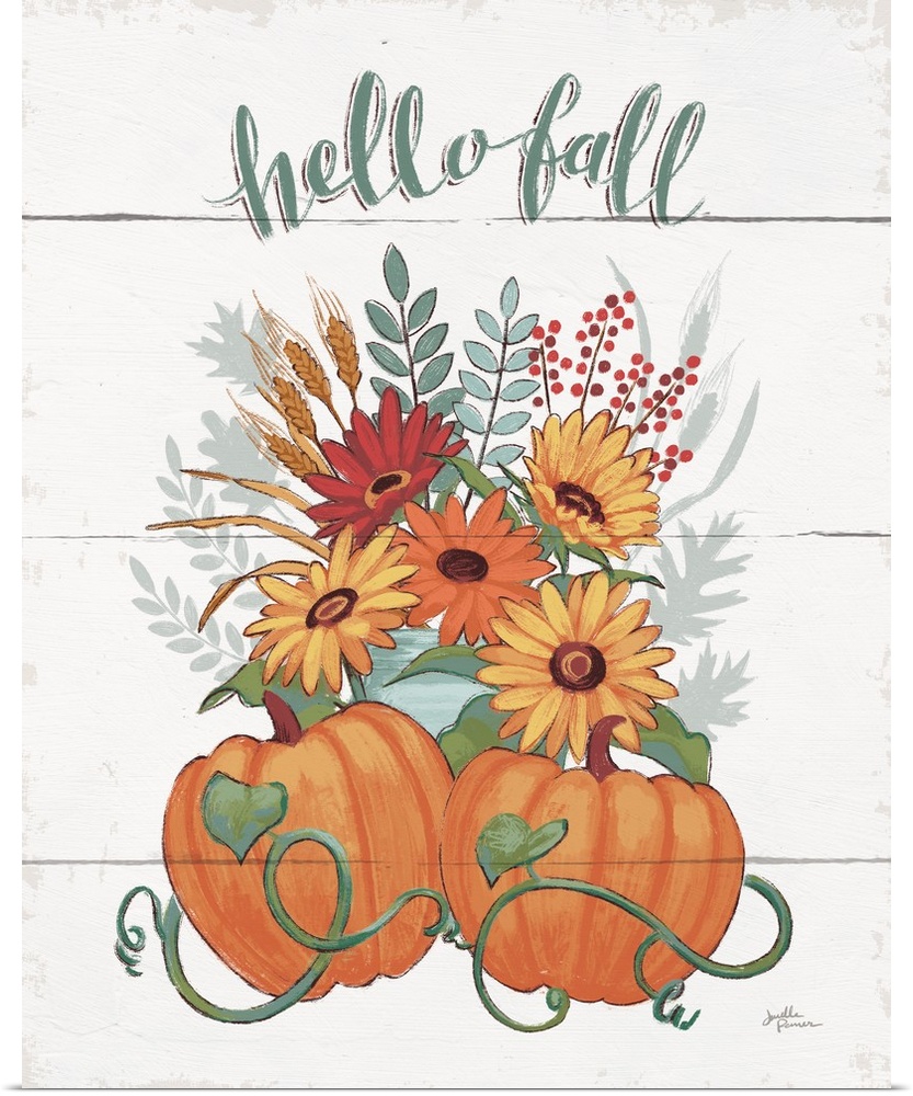 "Hello Fall" with a pair of pumpkins and fall flowers on a white shiplap background.