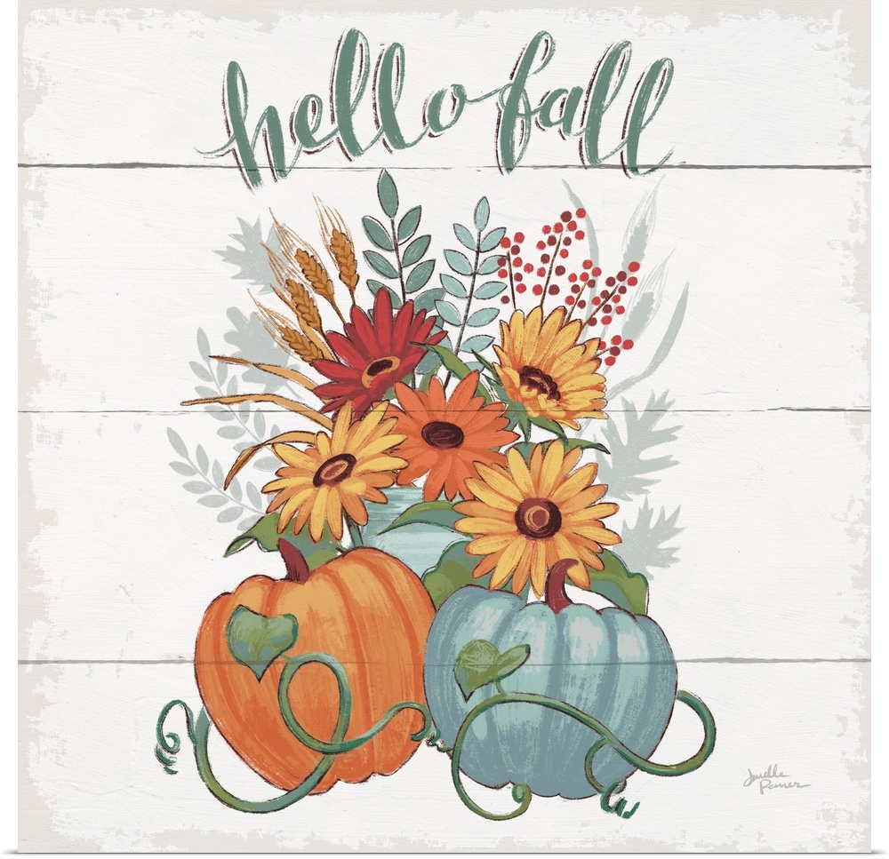 Decorative artwork of the words "Hello Fall" above a bouquet of fall flowers with pumpkins and a white wood background.