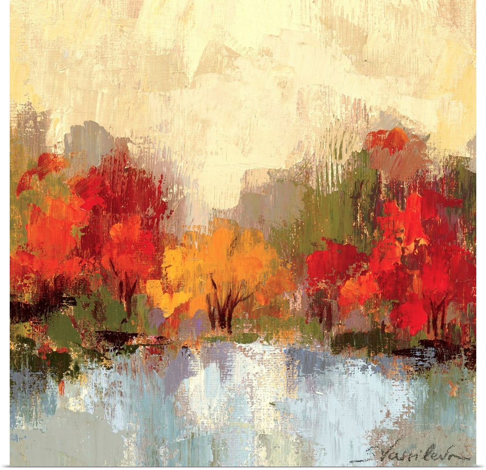 Large colorful artwork of autumn trees with a cream painted sky and cool toned water in front of the trees.