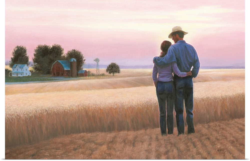 Contemporary painting of a couple standing in a wheat field looking towards the barn  with a pink and purple sunset in the...
