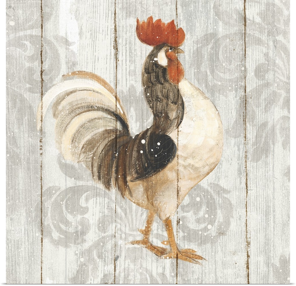 Folk art style decor artwork of a rooster against a decorative flower background.
