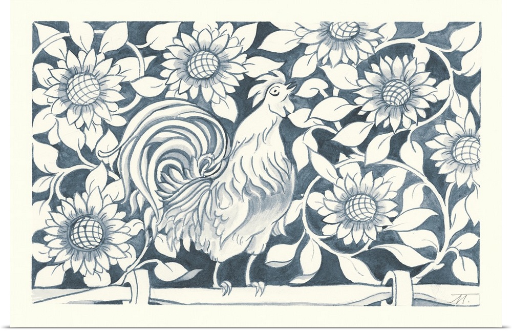 Floral indigo and white watercolor painting with a rooster crowing on a fence post.