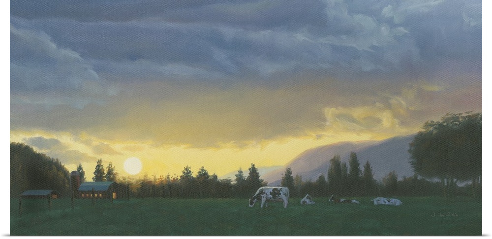 Large contemporary painting of cows grazing in a field at dusk with a lit up barn in the background.
