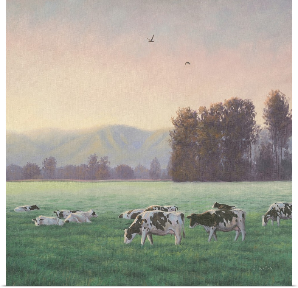 Square painting of a rural farm scene with grazing cows and mountains in the background.