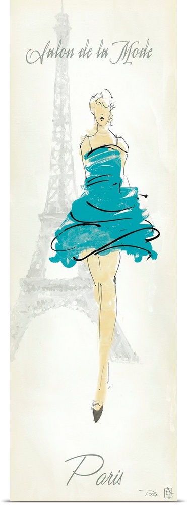 A vertical piece of artwork with a fashionable woman walking forward and the Eiffel tower drawn in the background.