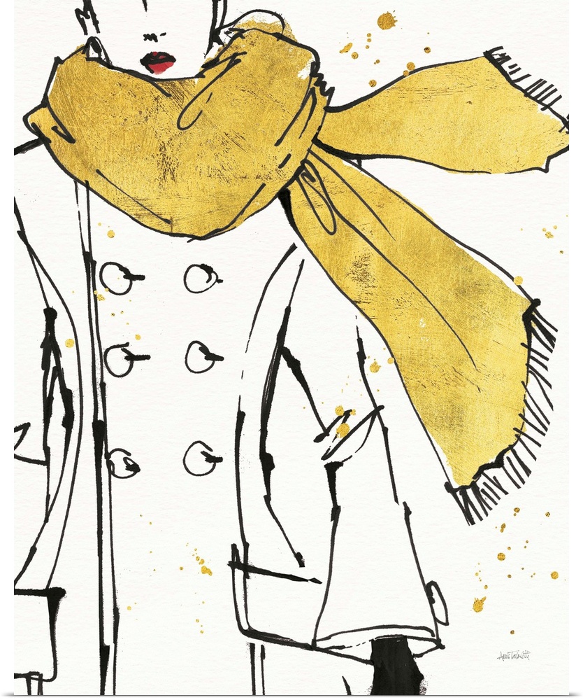 Black and white fashion sketch of a woman wearing a coat and a metallic gold scarf.
