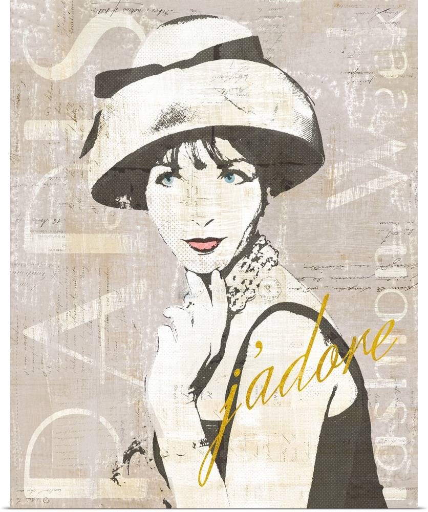 Paris Fashion Week collage in gray, black, and white with "j'adore" written in gold a sparkle font.