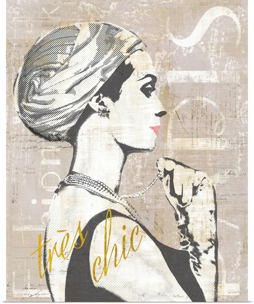 Paris Fashion Week collage in gray, black, and white with "tr?s chic" written in gold a sparkle font.�