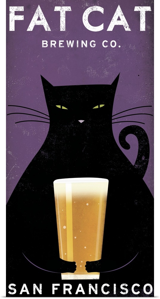Vertical artwork on a giant canvas of a large black cat holding a glass of beer.  Text at the top reads "Fat Cat Brewing C...