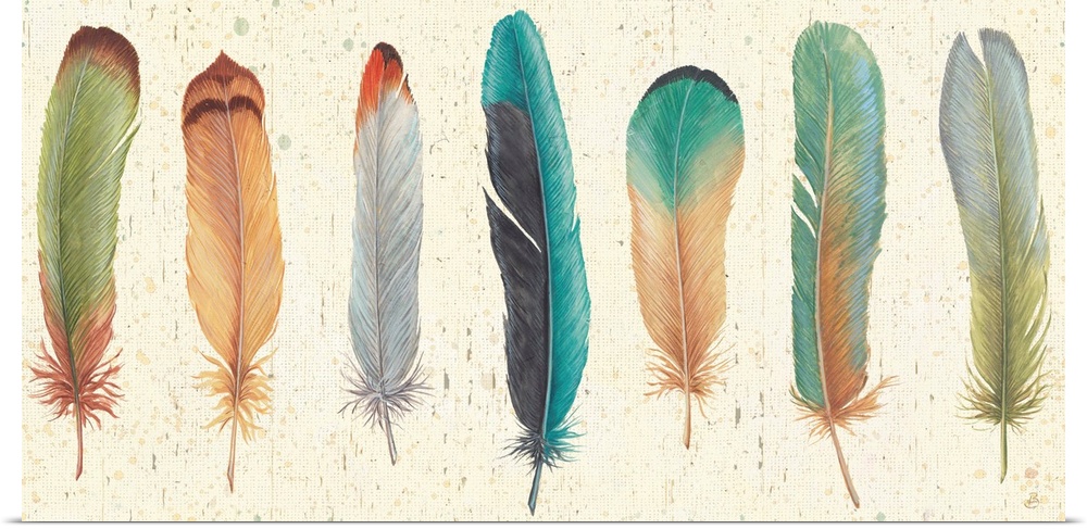Contemporary artwork of several colorful feathers in a row on a beige background.