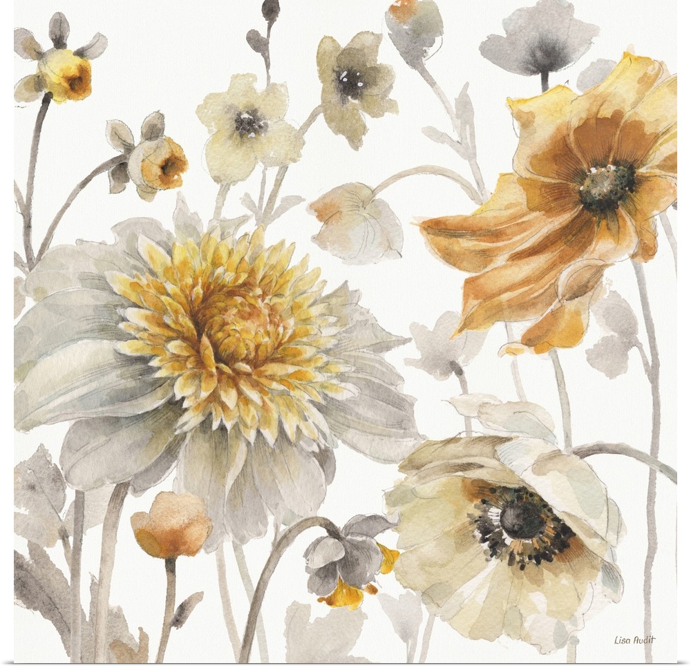 Decorative artwork of group of flowers in muted tones of gold, yellow and gray.