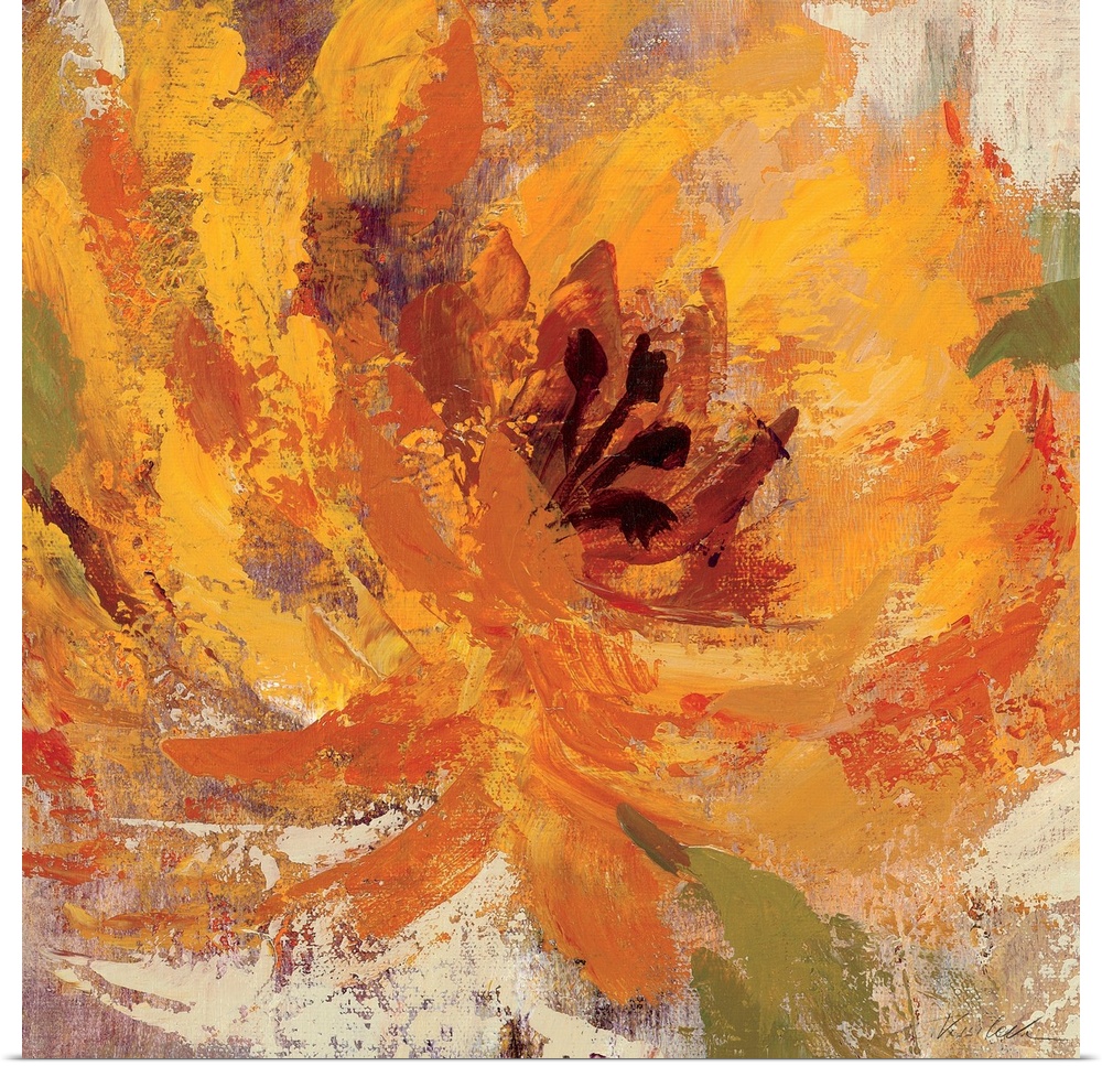 This is a square shaped stylized painting of a flame colored flower blossom painted with enormous gestural brush strokes o...