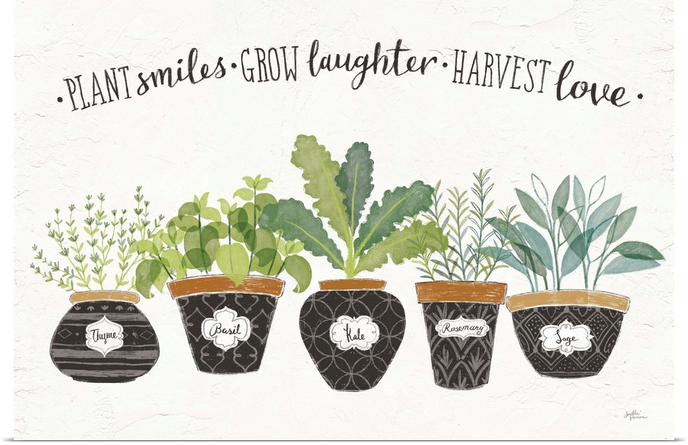 "Plant Smiles, Grow Laughter, Harvest Love" written in black above illustrations of five potted herb plants.