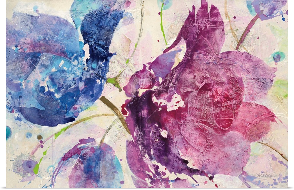 Large abstract painting of flowers in blue and purple tones.