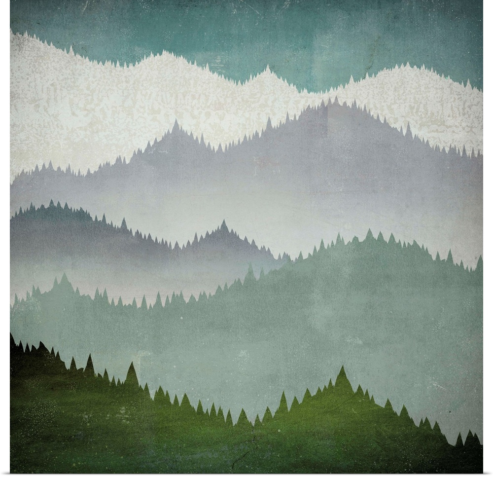 Contemporary artwork of mountains covered in dense forest in cool tones.