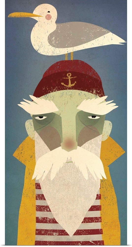 Artwork of a sailor with a white beard and a seagull on his head.