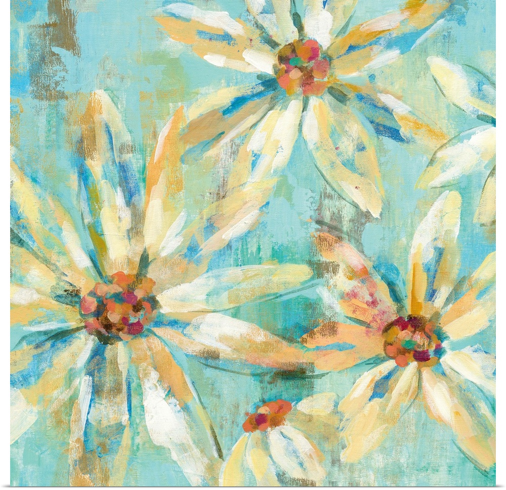 Contemporary painting of white flowers against a light blue background.