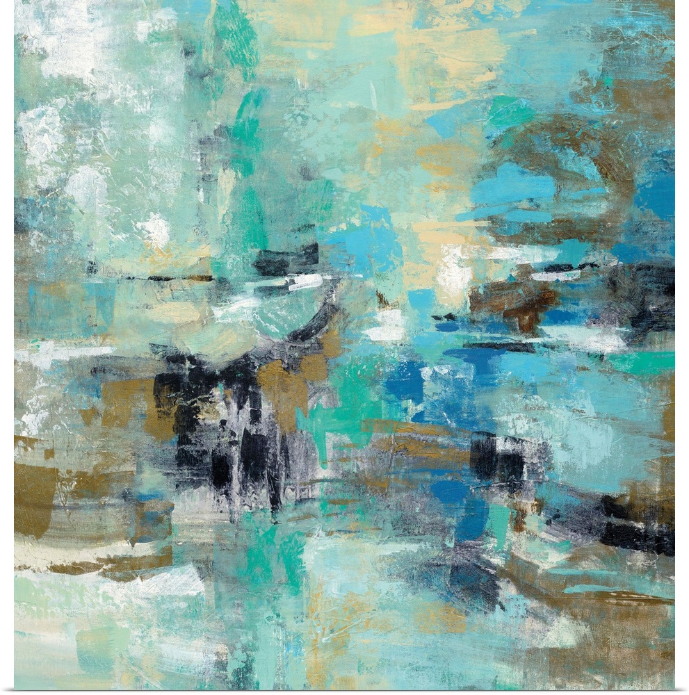 Contemporary abstract painting using various blue tones and textures.