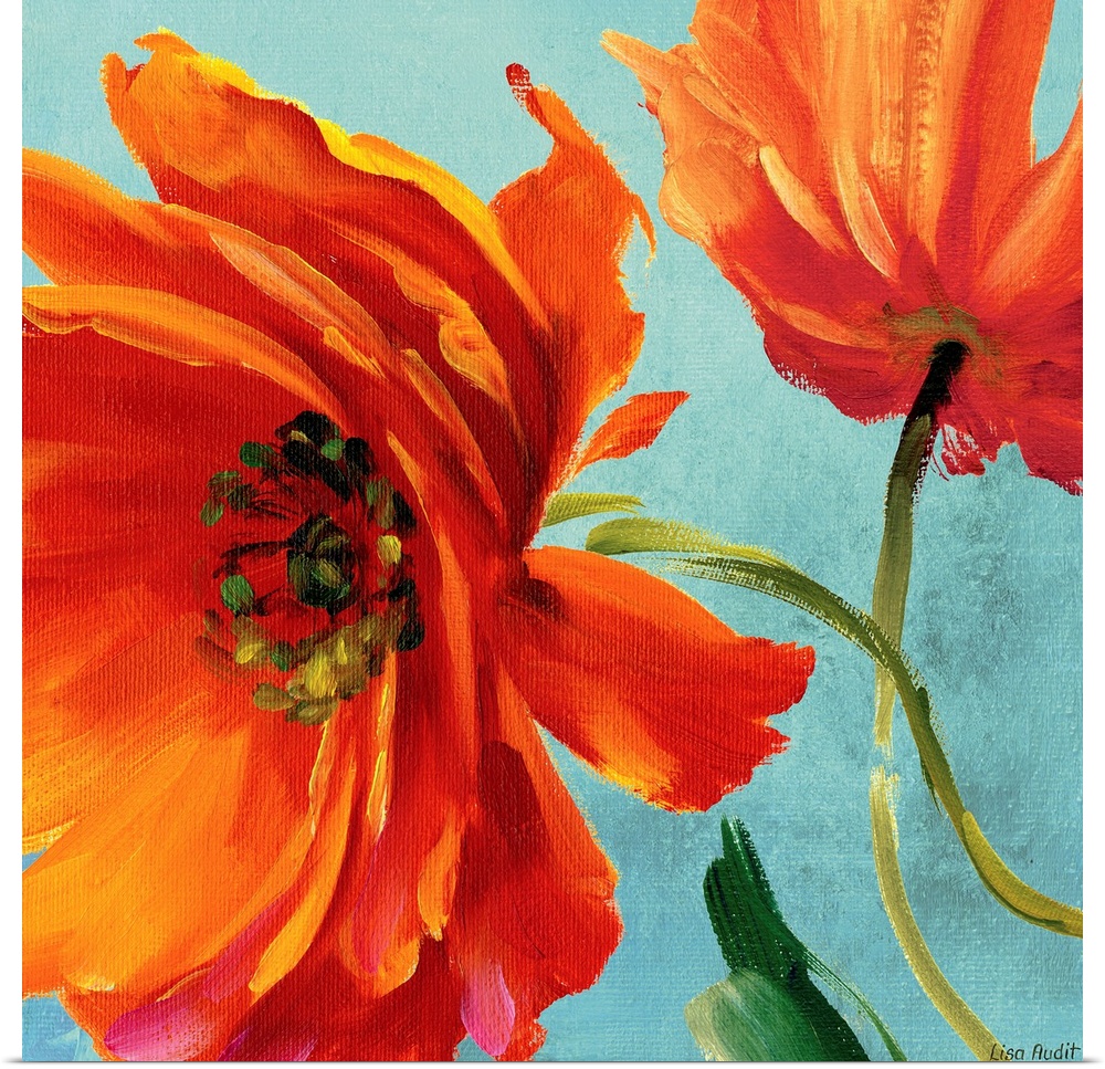 Decorative art for the living room or kitchen this square painting is a close of up flower blossoms on a flat background.